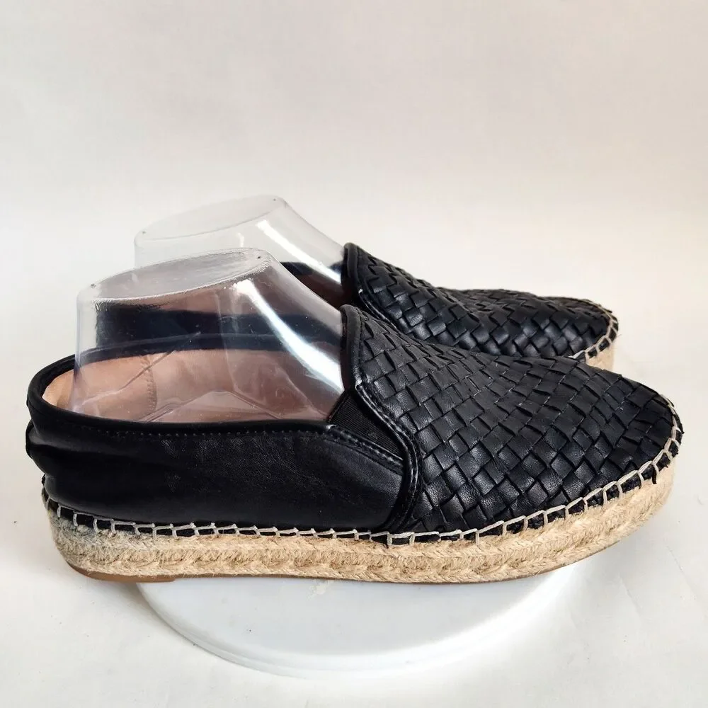 Steve Madden Espadrilles Flats Size 9 Black Woven Leather Slip On Platform Shoes